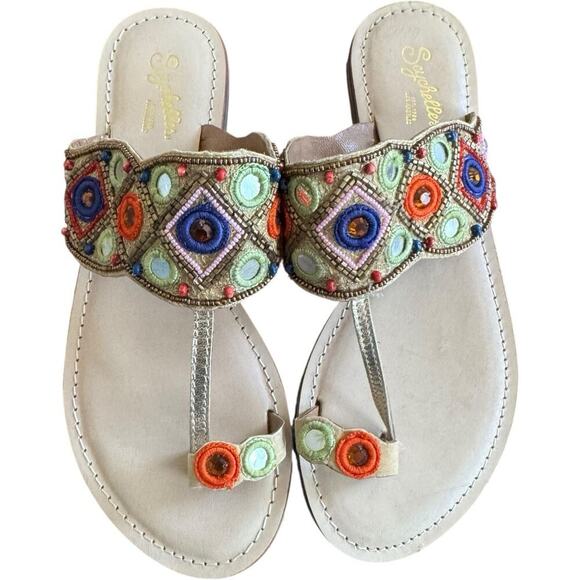 Seychelles Embroidered Beaded Gem Slip On Toe Loop Flat Sandals Women's 8.5 - Picture 2 of 10